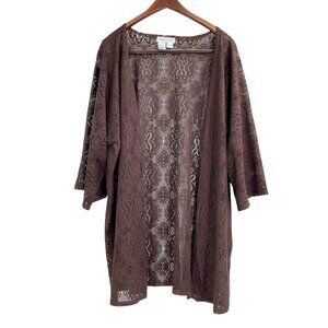 Ulla Popken Brown Crochet Lace Open Front Swim Cover Relaxed Fit Womens 20/22